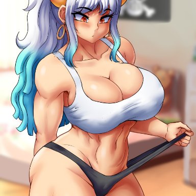 one piece, yamato (one piece), succubai, 1girls, aqua hair, bangs, bedroom, black panties, breasts, covered nipples, crop top, earrings, female, gradient, gradient hair