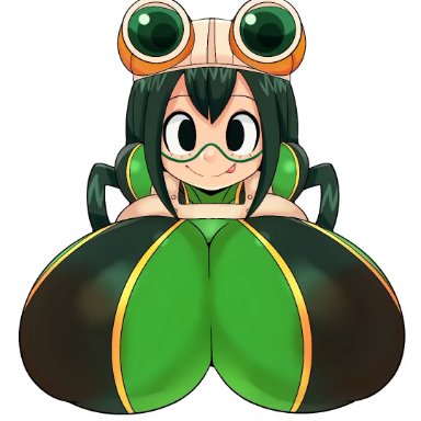 my hero academia, tsuyu asui, matospectoru, :), big breasts, big tits, female, green hair, large breasts, long nipples, naked, nude, nude female, smile, alternate version available