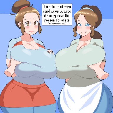 nintendo, pokemon, pokemon bw, duskyer, big breasts, blush, blushing, breast expansion, breast grab, breast inflation, breast squeeze, breast to breast, brown hair, chounyuu, cleavage