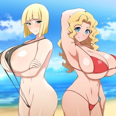 naruto, naruto (series), naruto shippuden, rachel stanley, samui, jabarand, almost naked, arms under breasts, barely clothed, beach, big breasts, bikini, blonde hair, blue eyes, blunt bangs