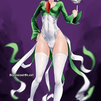 creatures inc., game freak, nintendo, one-punch man, pokemon, gardevoir, gardevoir (cosplay), pokemon species, tatsumaki, sereneandsilent, blurry, breasts, clavicle, closed mouth, clothes between thighs