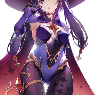 genshin impact, mona (genshin impact), armpits, ass visible through thighs, baisi shaonian, big ass, black choker, black gloves, black hair, black legwear, blue eyes, bottomless, breasts, cape, chestnut mouth