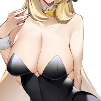 nintendo, pokemon, pokemon dppt, cynthia (pokemon), yuuyuu (yuuki1771), 1girls, black leotard, blonde hair, breasts, bunny ears, bunny girl, bunnysuit, cleavage, female, female only