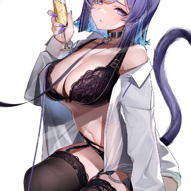 hololive, nekomata okayu, animal ear fluff, animal ears, bangs, black bra, black collar, black panties, blue hair, bra, breasts, brown legwear, cat ears, cat girl, cat tail