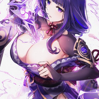 genshin impact, raiden shogun, arm guards, baisi shaonian, bangs, big breasts, blunt bangs, breasts, bridal gauntlets, cleavage, curvy, drawing sword, electricity, female, holding