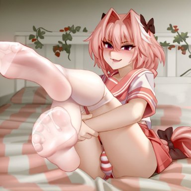 fate/apocrypha, fate (series), astolfo (fate), kairuhentai, 1boy, blush, bulge, feet, femboy, foot fetish, girly, looking at viewer, male, male only, panties