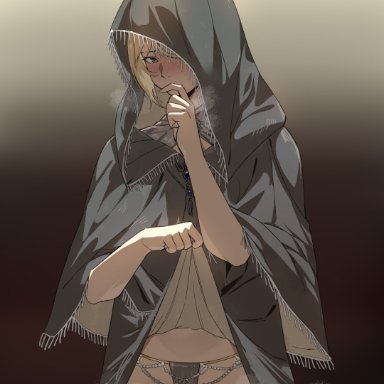 elden ring, fia the deathbed companion, club3, nanaya (daaijianglin), 1girls, black cloak, black panties, black underwear, blonde hair, blue eyes, blush, cloak, clothing, covering mouth, cowboy shot