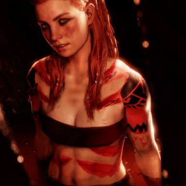 horizon forbidden west, horizon zero dawn, sony interactive entertainment, aloy, skstalker, 1girls, bare shoulders, bodypaint, bra, braided hair, cleavage, eyeshadow, female, female focus, female only