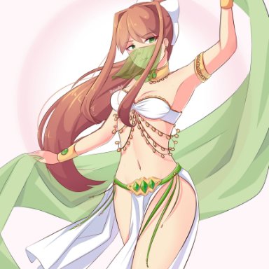 doki doki literature club, raionart, 1girls, arabian clothes, armpits, arms up, bare legs, bare shoulders, belly dancing, breasts, brown hair, cleavage, dancer, dancing, earrings