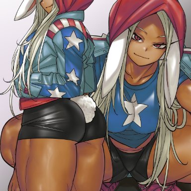 marvel, my hero academia, miruko, rumi usagiyama, shosho oekaki, 1girls, america chavez (cosplay), ass, big ass, breasts, bunny ears, bunny girl, dark skin, long hair, looking at viewer