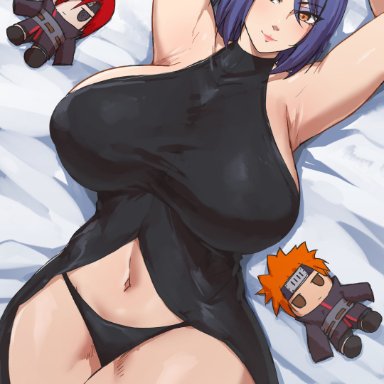 naruto, naruto (series), naruto shippuden, konan, nagato, yahiko, batako, 1girls, akatsuki (naruto), armpits, arms up, big breasts, black dress, black panties, blue hair