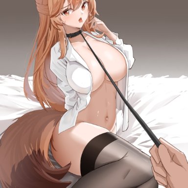 arknights, franka (arknights), animal ear fluff, animal ears, arm behind back, bangs, bed sheet, black legwear, blush, bondage, bottomless, bound, breasts, brown background, brown eyes