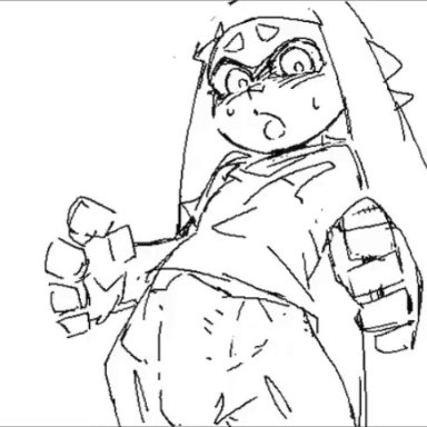 nintendo, splatoon, inkling girl, fieron, salmon (artist), 1futa, big penis, boner, bottomless, clenched teeth, clothed, clothing, cum, ejaculation, erection