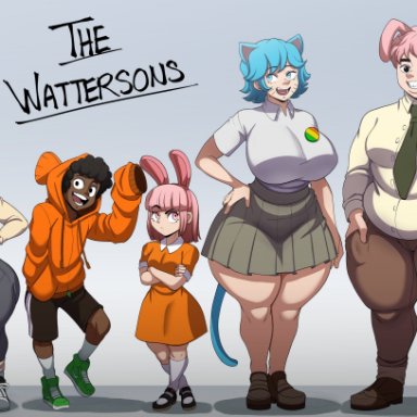 anais watterson, darwin watterson, gumball watterson, nicole watterson, richard watterson, blackwhiplash, big breasts, bottom heavy, bunny ears, cat ears, cat tail, dark skin, fish, humanoid, thick thighs