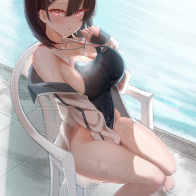 original, original character, can zhu, busty, cleavage, female, female only, looking at viewer, one-piece swimsuit, pool, solo, solo female, swimsuit, wet