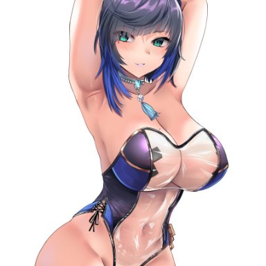 genshin impact, yelan (genshin impact), lasts, lasts753, 1girls, ass, black hair, blue hair, breasts, bunny ears, bunnysuit, cleavage, female, female only, green eyes