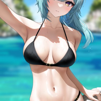 genshin impact, eula (genshin impact), kohanayuki, aqua hair, arm up, armpits, arms up, asymmetrical hair, bangs, big breasts, bikini, black bikini, black hairband, blue sky, blurry