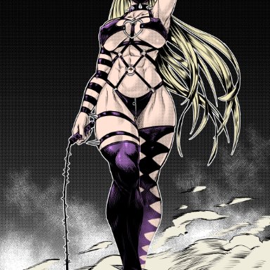 one-punch man, kaijin hime do-s, speedl00ver, abs, argyle, argyle cutout, arm strap, arm up, armlet, black sclera, bondage outfit, boots, breasts, clothing cutout, collar