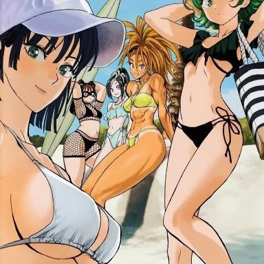 one-punch man, captain mizuki, fubuki (one-punch man), sansetsukon no lily, shadow ring, tatsumaki, murata yuusuke, 5girls, abs, beach, belly, belly button, bikini, bikini top, black hair