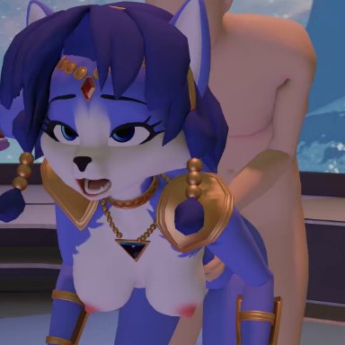 nintendo, star fox, krystal, highwizard, anthro, anthro penetrated, athletic female, blue body, blue eyes, breasts, butt, canid, canine, duo, female