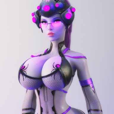 overwatch, widowmaker, b69, 1girls, bare shoulders, breasts, cleavage, female focus, large breasts, long hair, navel, purple-tinted eyewear, purple hair, purple skin, see-through