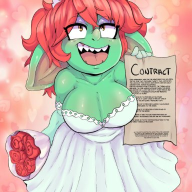 nerdbayne, 1girls, big ears, bouquet, cleavage, contract, crown, female, female only, flowers, goblin, goblin female, happy, long hair, looking up
