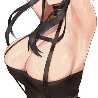 spy x family, yor briar, kurowa, armpits, arms up, bangs, bare shoulders, black dress, black gloves, black hair, breasts, cleavage, dagger, dress, female