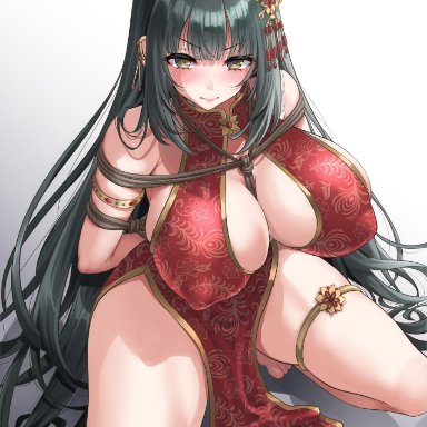 original, youshuu, 1female, 1girls, armlet, arms behind back, asian clothing, bangs, barefoot, black hair, blank background, blush, blushing at viewer, bondage, bound