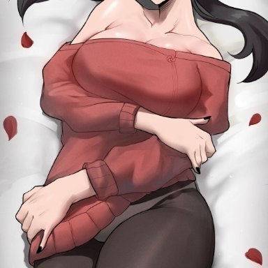 spy x family, yor briar, echosaber, 1girls, black hair, blush, breasts, female, hips, huge breasts, long hair, lying on back, red clothing, red eyes, slim waist