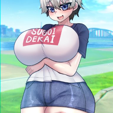 uzaki-chan wa asobitai!, uzaki hana, osiimi, 1girl, big breasts, big thighs, black legwear, blue eyes, blush, breasts, busty, clothed, clothed female, female, female only