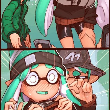 nintendo, splatoon, inkling, inkling boy, inkling girl, wamudraws, 1boy, 1girls, 2others, ?, ass visible through thighs, assisted exposure, balloon, beanie, bike shorts