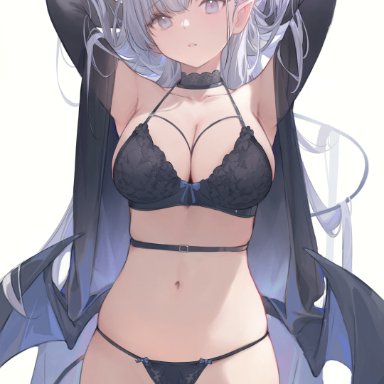 original, nekojira, armpits, arms up, bat wings, black panties, breasts, choker, cleavage, collar, demon, demon girl, demon horns, demon tail, demon wings