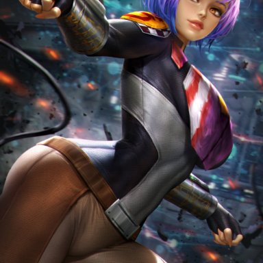 star wars, star wars rebels, sabine wren, neoartcore, nudtawut thongmai, belt, breastplate, brown skin, fingerless gloves, gauntlets, large breasts, looking away, mandalorian armor, missile launcher, purple hair