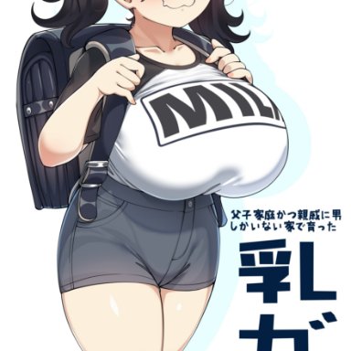 original, konoshige (ryuun), ryuun (stiil), :3, backpack, bag, bandaid, bangs, black hair, blush, breasts, collarbone, eyebrows visible through hair, fangs, female