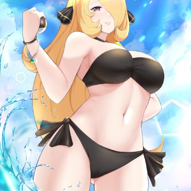 nintendo, pokemon, pokemon dppt, cynthia (pokemon), kaos art, 1girls, beach, bikini, black bikini, blonde hair, breasts, female, female only, hair over one eye, hips