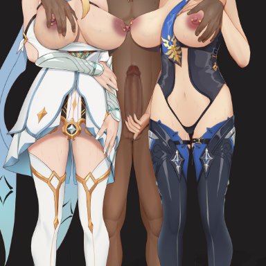 genshin impact, eula (genshin impact), hilichurls (species), lumine (genshin impact), tm yuebing, 1boys, 2girls, areolae, big breasts, blonde hair, blue hair, breast grab, breasts, dark-skinned male, dark skin