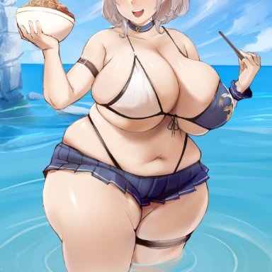 hololive, shirogane noel, bamboo ale, ass, bbw, beach, bikini, bikini top, blue sky, blush, breasts, clothing, fat, fat folds, female