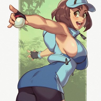 nintendo, pokemon, pokemon sm, ace trainer (pokemon), ace trainer (pokemon sm), rizdraws, 1girls, armpits, ass, bike shorts, blush, breasts, brown eyes, brown hair, female