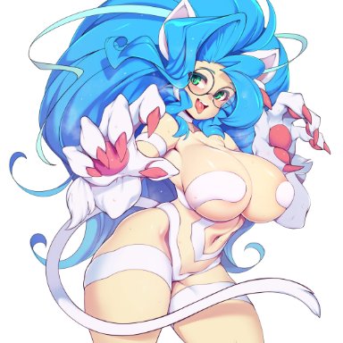 capcom, darkstalkers, felicia, slugbox, 1girls, big breasts, blue hair, blush, cat ears, cat pose, cat tail, catgirl, female, female only, glasses