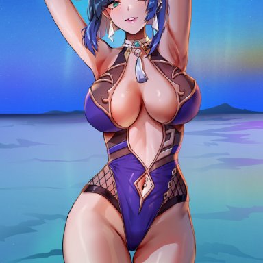 genshin impact, yelan (genshin impact), foxyrain, foxyreine, 1girls, armpits, arms up, black hair, blush, breasts, female, female only, green eyes, hips, huge breasts