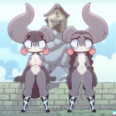 original, xingzuo temple, binggan, original character, xingyun, diives, 2girls, animal print, anthro, arms at sides, bent wrist, big breasts, blush, blushing, boots