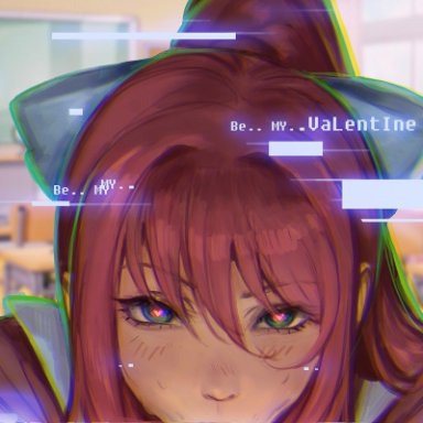 doki doki literature club, valentine's day, kittew, blowjob face, blush, glitch, heart-shaped pupils, implied blowjob, looking at viewer, english text, text