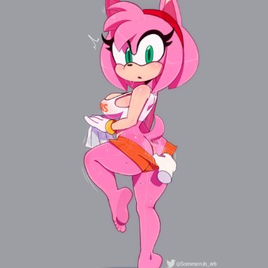 hooters, sonic (series), amy rose, somescrub, ass cleavage, assisted exposure, butt crack, feet, nipple bulge, no bra, no panties, sweat, sweatdrop, sweaty, sweaty butt