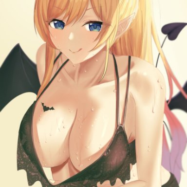 hololive, youtube, yuzuki choco, 1girl, 1girls, :q, big breasts, blonde hair, blue eyes, blush, breasts, demon girl, female, female focus, female only