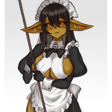 allanel, 1girls, black hair, black sclera, blush, cleavage cutout, embarrassed, female, female only, goblin, goblin female, long ears, long hair, looking at viewer, maid