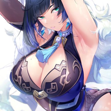 genshin impact, yelan (genshin impact), armpit, armpit fetish, armpits, arms behind back, arms up, asumi03330, bangs, big breasts, black gloves, black hair, blue dress, blue hair, blush