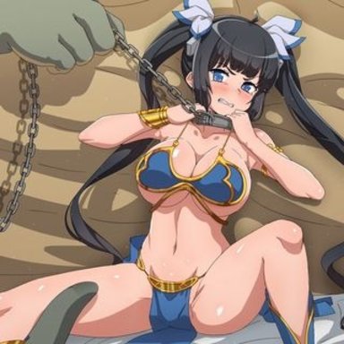 star wars, hestia (danmachi), jabba the hutt, slave leia, slave leia (cosplay), 1girls, anime, belly button, big breasts, bikini, black hair, blue bikini, blue bikini bottom, blue bikini top, blue eyes