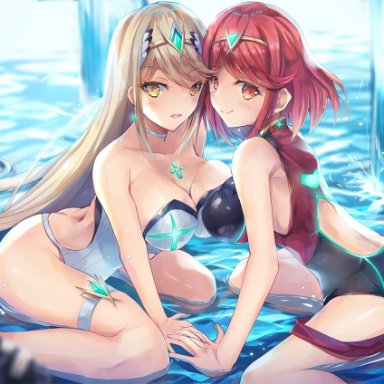 xenoblade (series), xenoblade chronicles 2, mythra, pyra, 2females, 2girls, bare back, bare thighs, big breasts, blonde hair, blush, breasts, choker, cleavage, core crystal