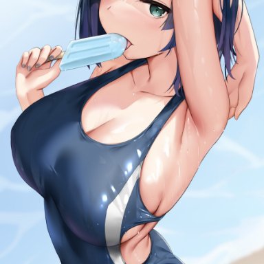 genshin impact, yelan (genshin impact), skai kun, 1girls, breasts, cleavage, female, female only, large breasts, looking at viewer, one-piece swimsuit, popsicle, sideboob, solo, swimsuit