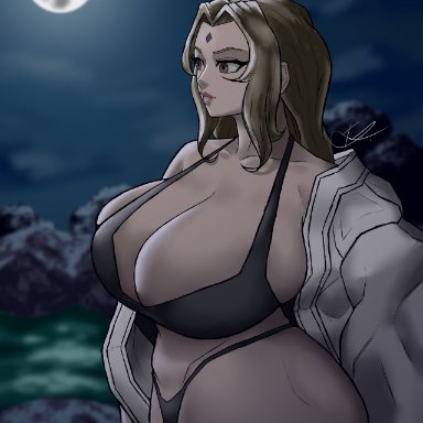 naruto, naruto (classic), naruto (series), naruto shippuden, shounen jump, tsunade, thismadathewa, 1girls, big breasts, black bra, black panties, black thong, blonde hair, bra, brown eyes